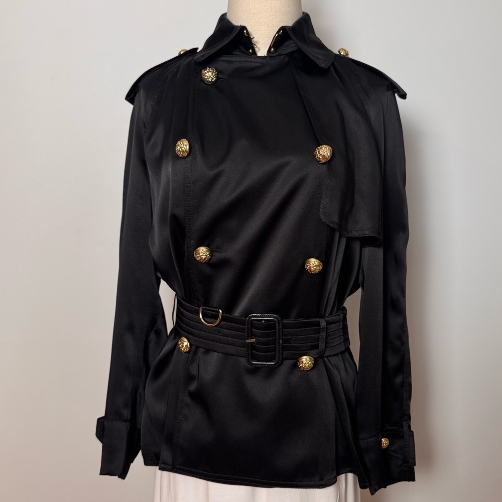 Burberry Black Silk Trent Regimental Jacket Size 6 - Picture 3 of 16